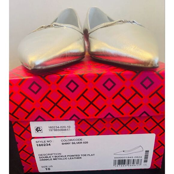 TORY BURCH
Double T Buckle Pointed-toe Flat In Shiny Silver Women’s Size 10M New - Picture 11 of 11
